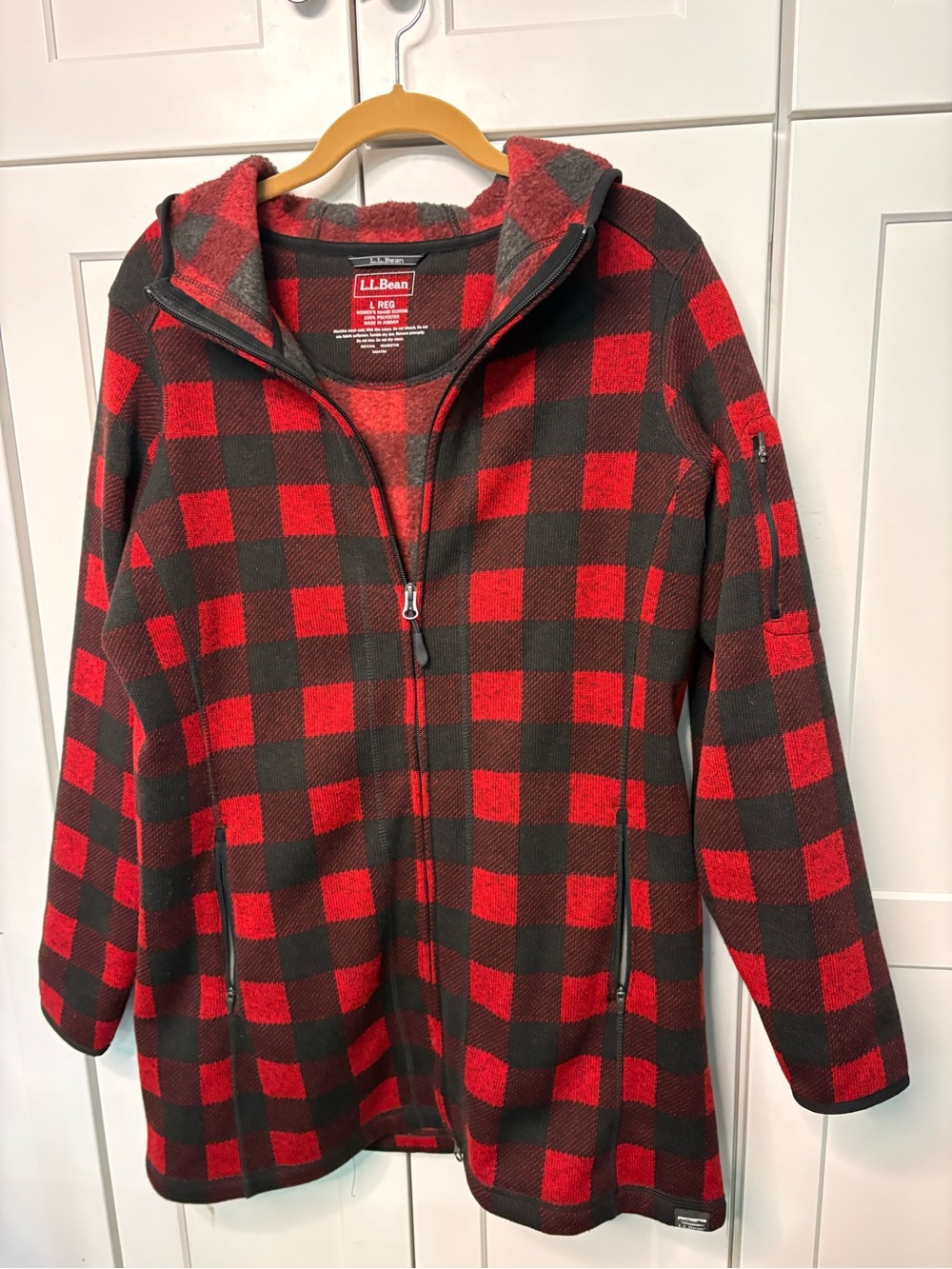 L.L. Bean Kids Red and Black Buffalo Plaid Fleece Jacket with Hood